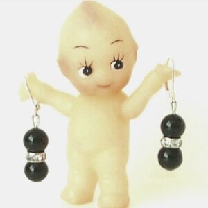 Earrings Vintage Dangle Black Glass Beads Silver Tone Rondelles